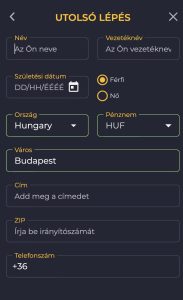 Fiók adatok kitöltése